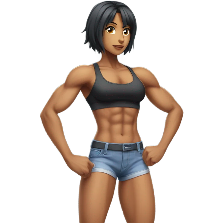 Anime woman bodybuilder with six pack and beautiful faces. From head to feet picture emoji