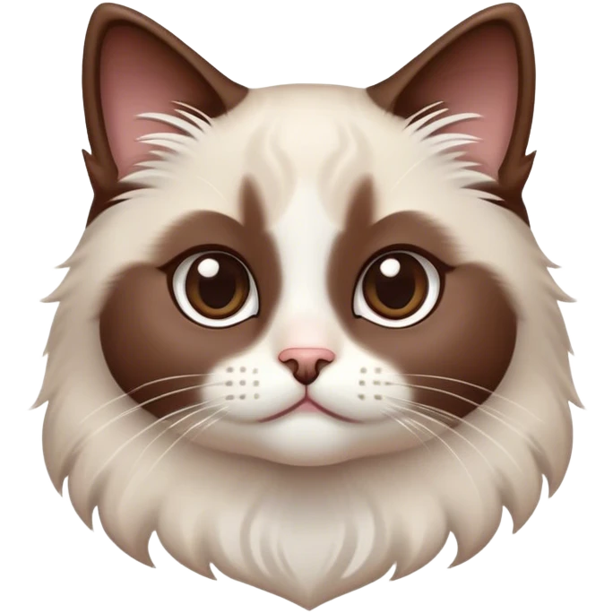 Cinematic Adorable Chocolate-Point Ragdoll Cat Portrait Emoji, Head tilted cutely with big, sparkling eyes, sleek brown and white tones with a sweet white nose, Simplified yet irresistibly adorable features, highly detailed, glowing with a soft, warm glow, high shine, affectionate and playful, stylized with a touch of whimsy, bright and endearing, soft glowing outline, capturing the essence of a curious and loving kitten, so cute it feels like it could leap out of the screen and snuggle up for a cuddle! emoji
