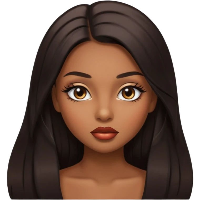 Glamourous, brown skin tone, very beautiful girl, with big plump shiny lips, long long lashes, black straight smooth silky long hair, straight parting  hair, brown eyes emoji