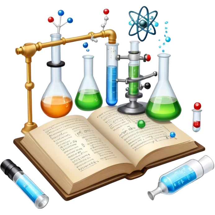 Icon for Scientific and Educational Reading: an open book with mathematical and physical formulas on the pages, with molecules and atoms flying out. On the desk are test tubes, flasks, and a microscope. Transparent background. emoji