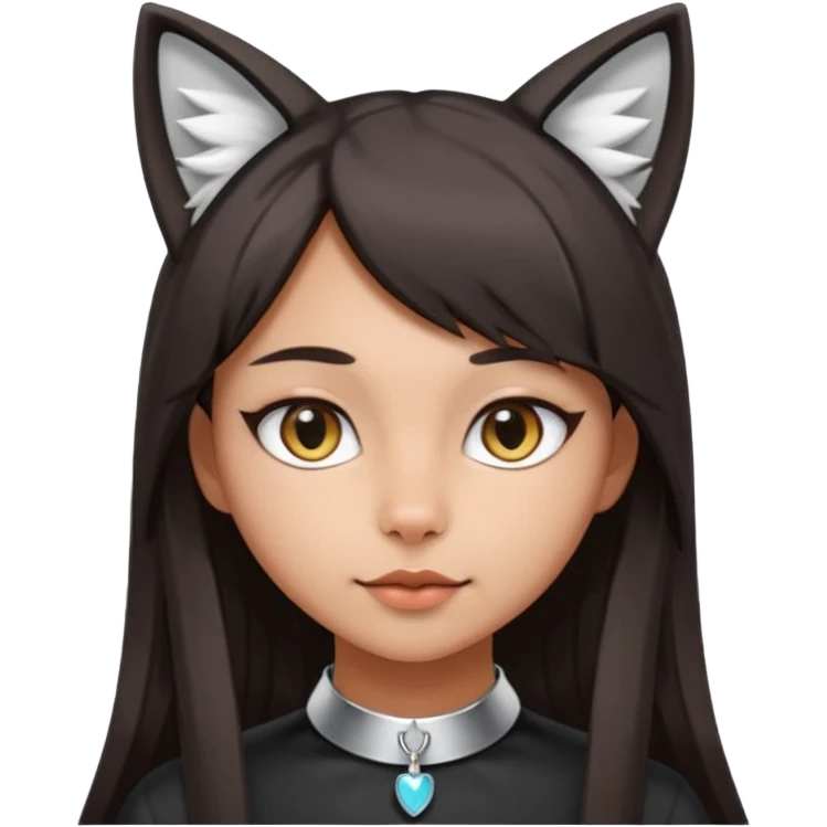 woman with medium skin tone and long straight dark hair, cat ears (no headband), wearing a cute pink or silver collar emoji