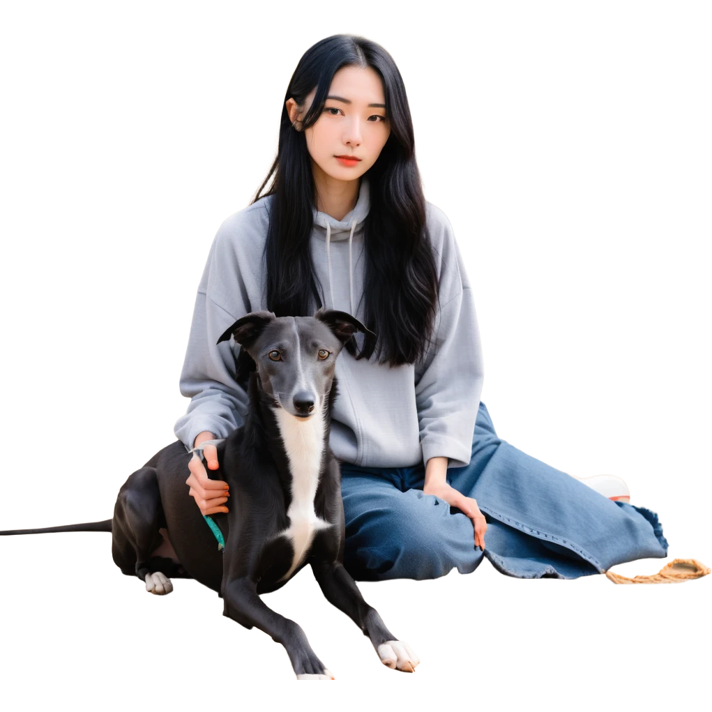 A very beautiful and attractive 25-year-old Japanese woman with long flowing black hair and a SOLID DARK GREY whippet sitting together on a beach during a beautiful sunset. The whippet MUST be COMPLETELY SOLID DARK GREY with ABSOLUTELY NO WHITE MARKINGS ANYWHERE - no white chest, no white face, no white paws, no white tip on tail - ENTIRELY ONE SOLID DARK GREY COLOR throughout the entire dog. Orange and red sunset sky over the ocean, sandy beach in the foreground. emoji