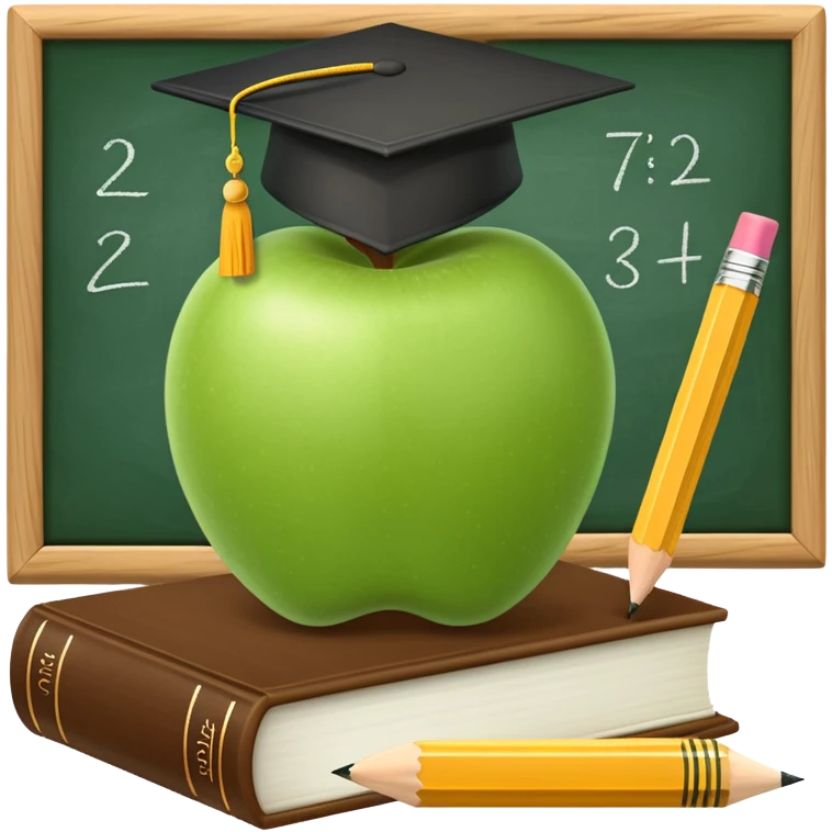 An icon featuring a chalkboard with educational equations, an apple, and a pencil, symbolizing pedagogy. The design includes a stack of books and a graduation cap, representing teaching and learning. Transparent background highlights the dedication to education and mentorship. emoji