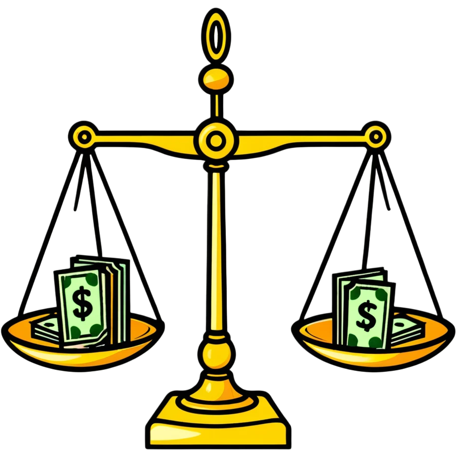 A decorative gold balance scale with green money and dollar signs on one side and three colorful stars on the other side emoji