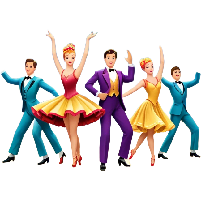 Icon for Musical Movie: A vintage movie poster-style design with a lively, colorful scene—dancers in glamorous costumes, bright lights, and musical notes floating in the air. Include elements like a grand stage, a spotlight, and instruments. Retro cinematic feel. Transparent background. emoji