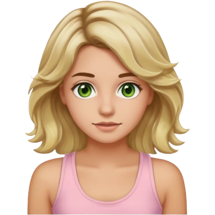 ca you make her hair a 20-year-old girl with long wavy hair brown roots blonde highlights green eyes brown eyebrows good summer tan iPhone emoji style with light pink tank top can you make her hair a little longer please emoji