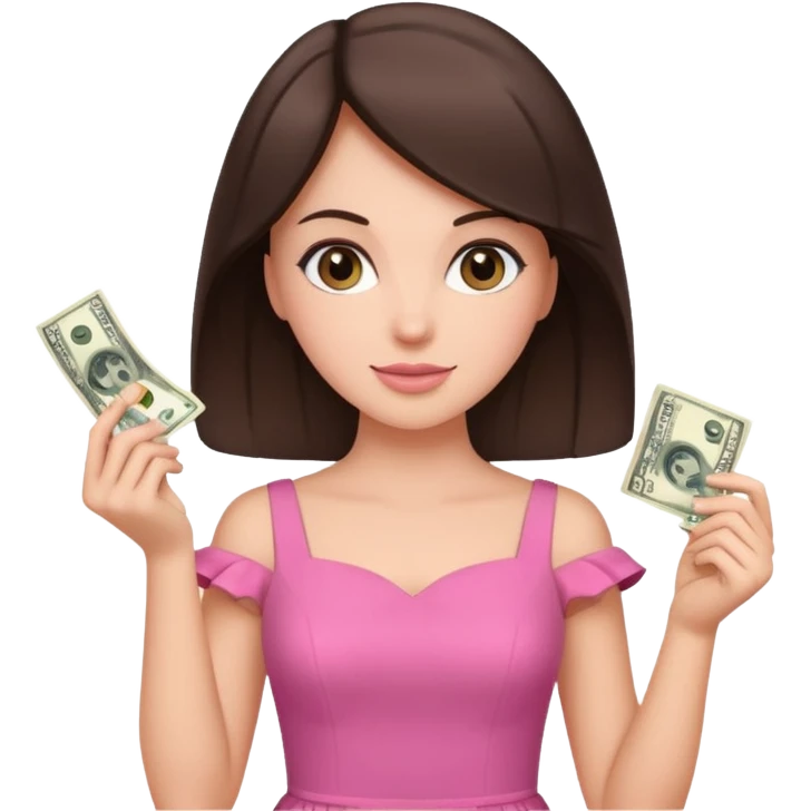 brunet Woman wearing pink dress holding dolar emoji