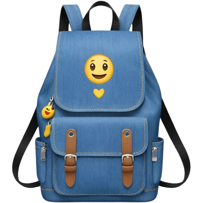 An emoji-style blue denim backpack with a flap top and one small buckle straps attached only on the flap, not connected to the front panel. No front pockets or vertical straps below the flap. Clean and minimal design with two side pockets. 



 emoji
