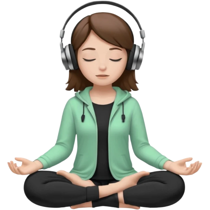 White girl, brown hair meditating with headphones on and black and pastel green clothes, eyes closed emoji
