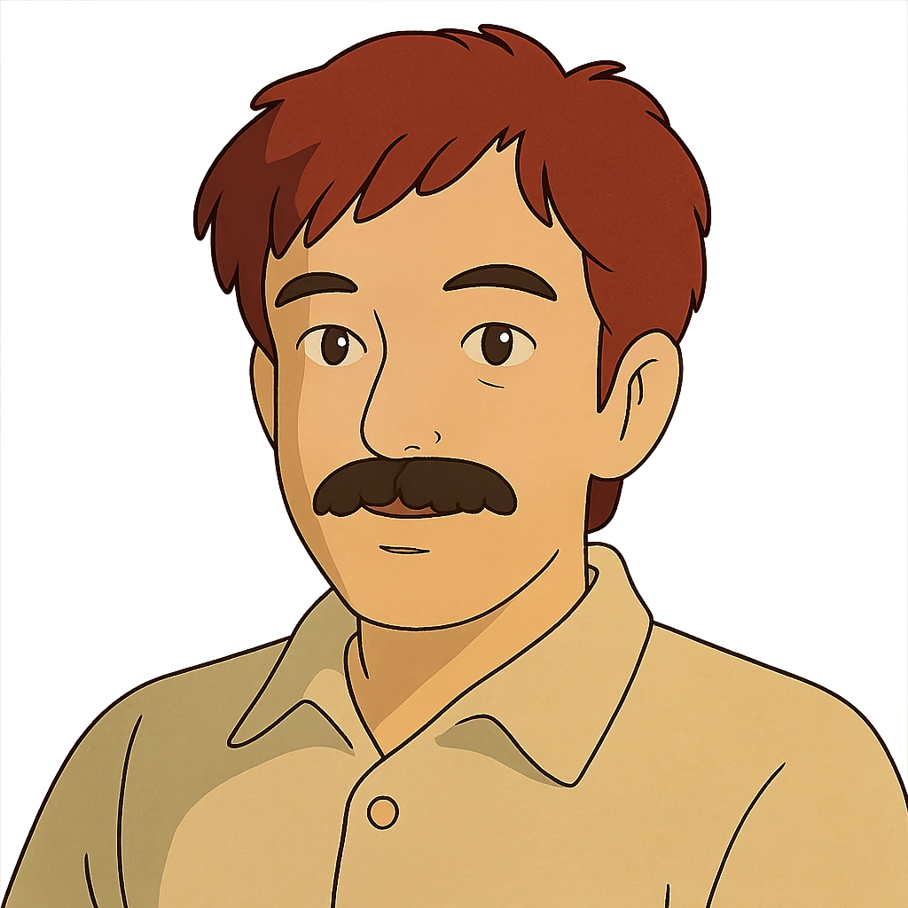 Asian man with black mustache and red hair, ghibli style emoji