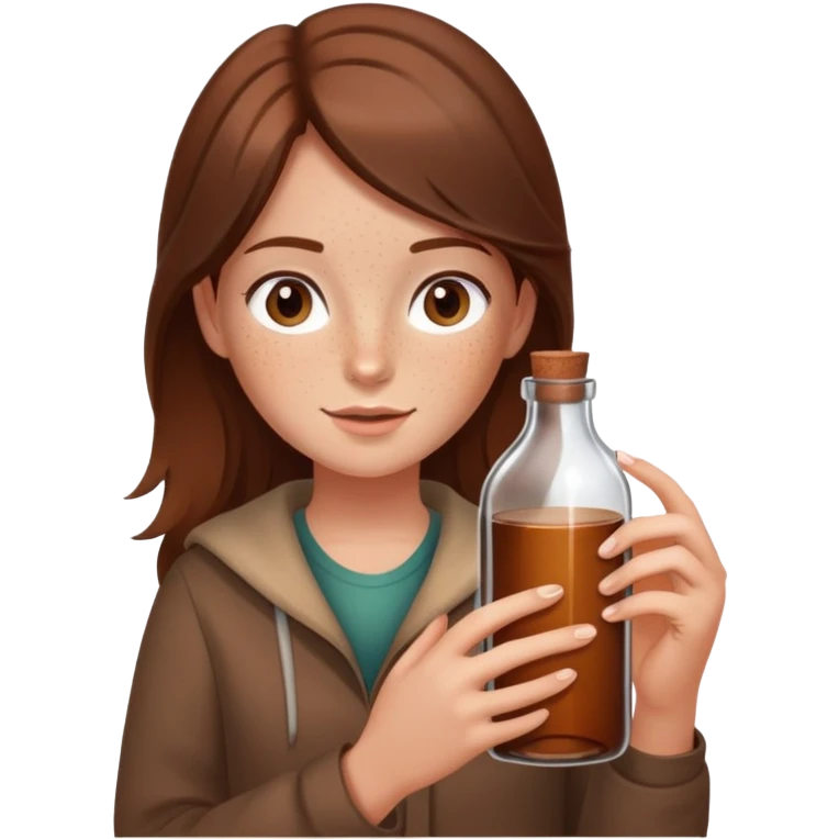 A girl with a very beautiful bottle, the girl is wearing brown clothes, has fair skin, brown hair and freckles emoji