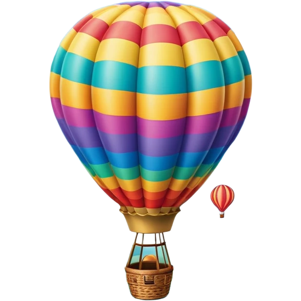 A colorful hot air balloon floating gracefully above the ground, with a clear sky and distant hills in the background. The balloon's vibrant colors stand out against the soft clouds, capturing the peaceful yet adventurous spirit of hot air ballooning. emoji