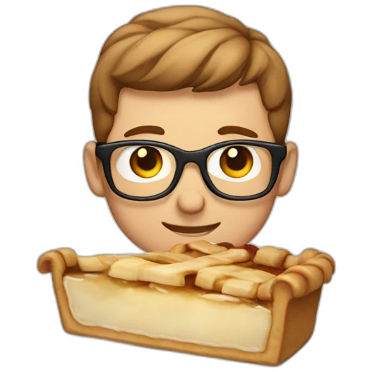 Short light brown hair guy wearing glasses eatings an apple pie emoji