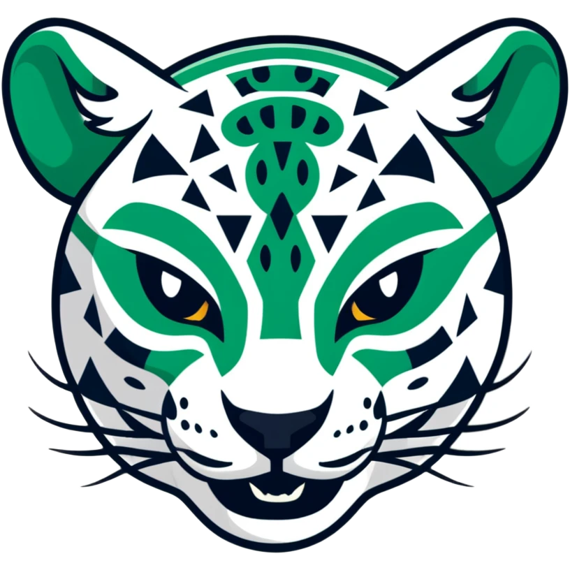 Ancient Egyptian style profile of jaguar with strict geometric lines, flat hieroglyphic style, only white and deep dark green, no curved lines, angular shapes only emoji