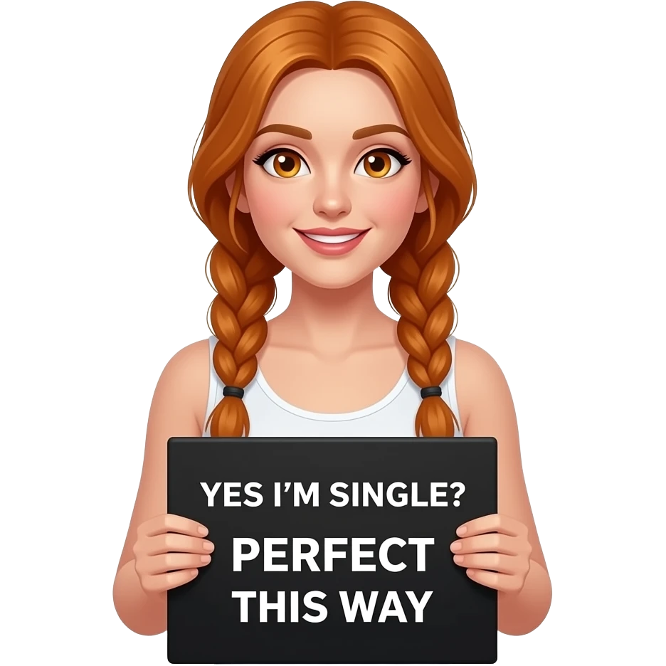 sexy girl with long ginger braids and ginger eyes wearing a white tanktop is holding a black sign with YES I'M SINGLE and PERFECT THIS WAY written on it emoji
