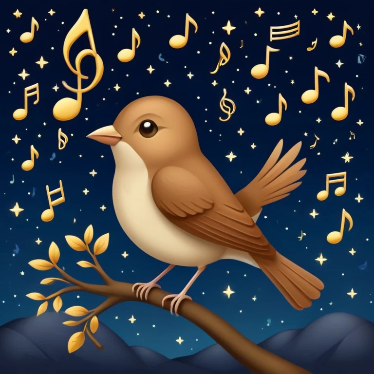 a nightingale bird singing with musical notes visible, flying against a dark starry night sky emoji