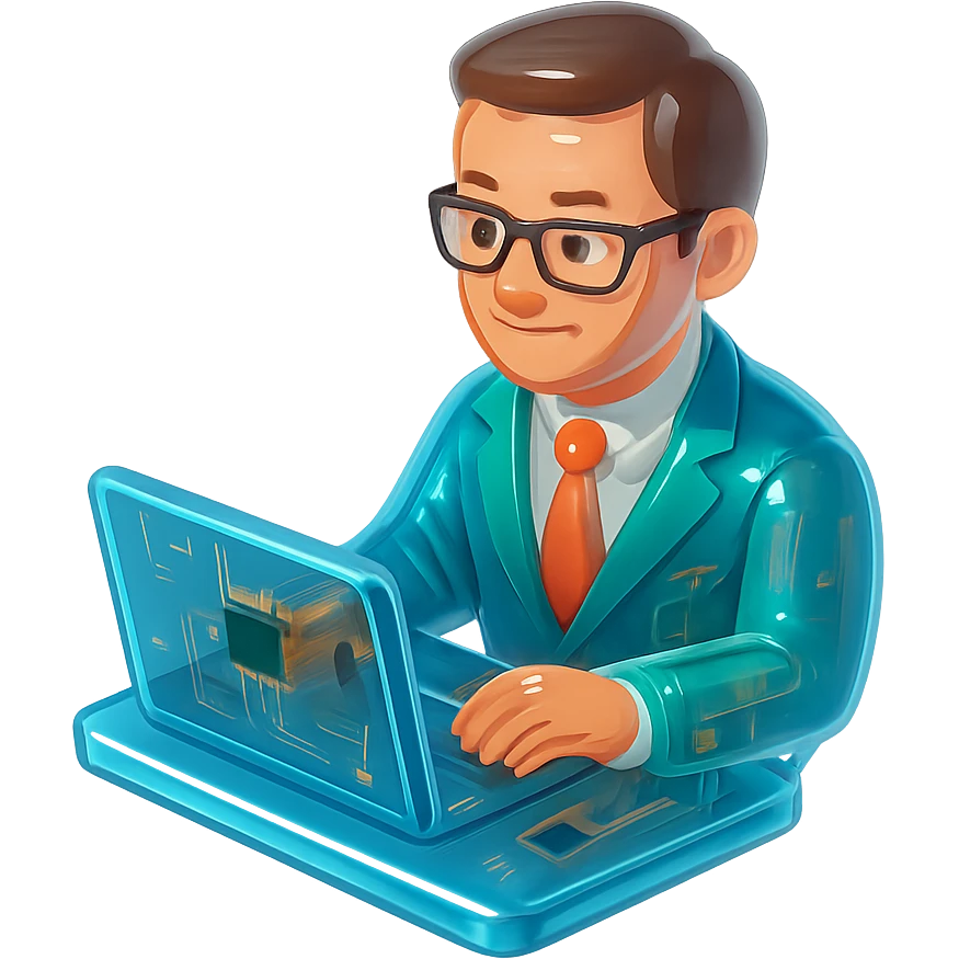 A 35-year-old male business coach sitting at a table with a laptop emoji