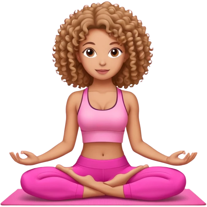 Uma mulher de cabelo cacheado, usando roupa de yoga rosa, em uma posição de yoga bonitinha  emoji