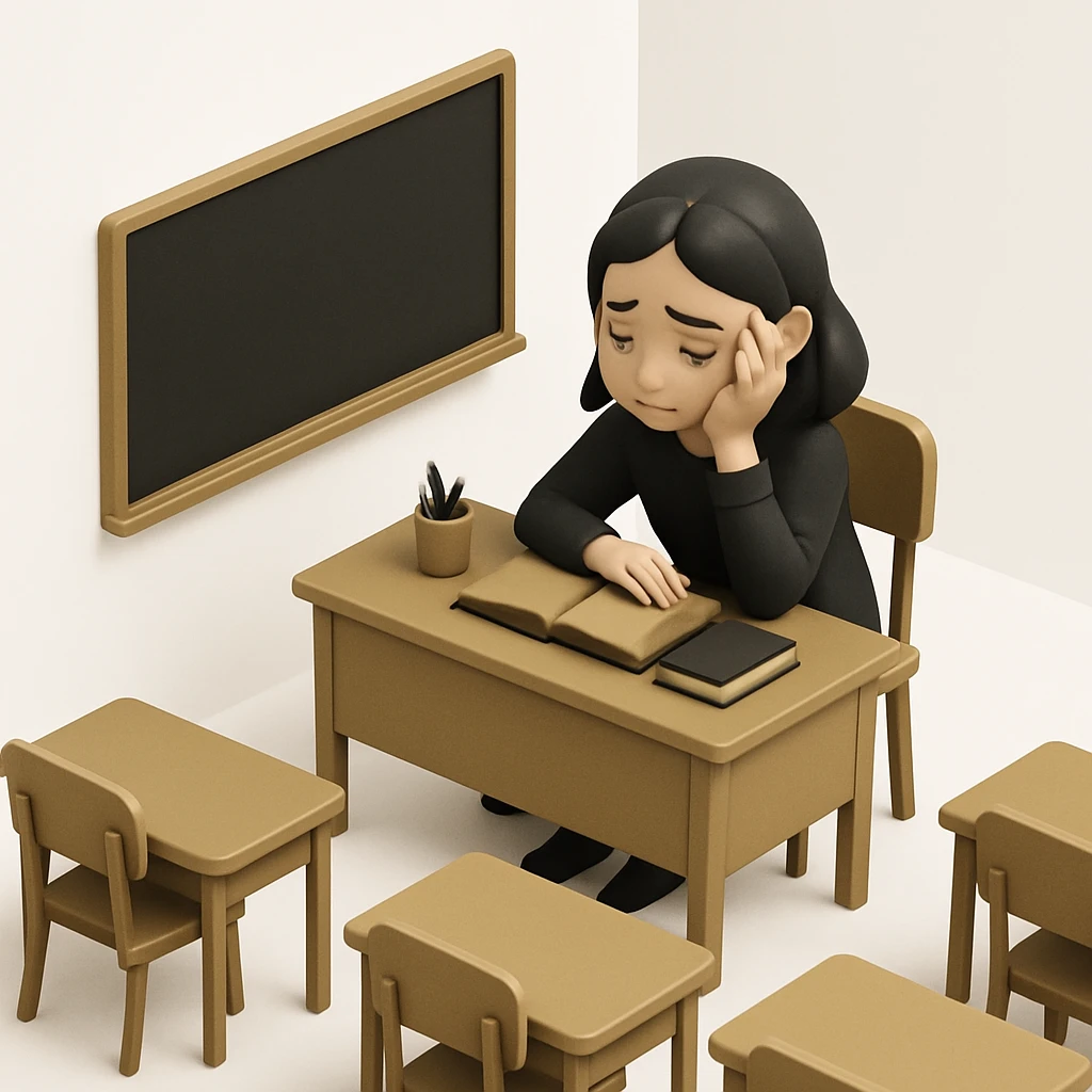 exhausted teacher in a bustling classroom emoji