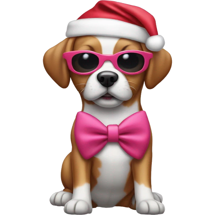 dog with pink sunglasses with a santa hat and red clothes and a white bow tie emoji