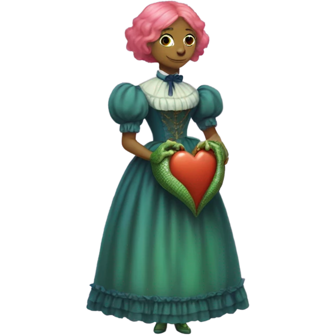 a green reptilian woman in Victorian orange and blue dress, pink hair,holdig, red big hearth, full body emoji