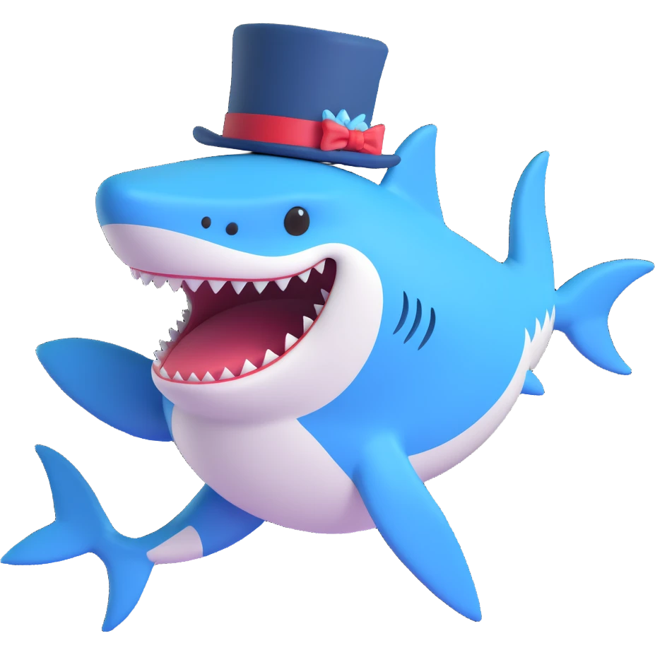 cute blue shark with a fancy top hat, simple background emoji