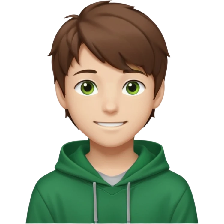 the face of an Anime teen boy with brown hair, green eyes, looking smiling slightly sideways positioned. Face must be main filling of the emoji. A little piece of hoodie can be visible. 128px emoji