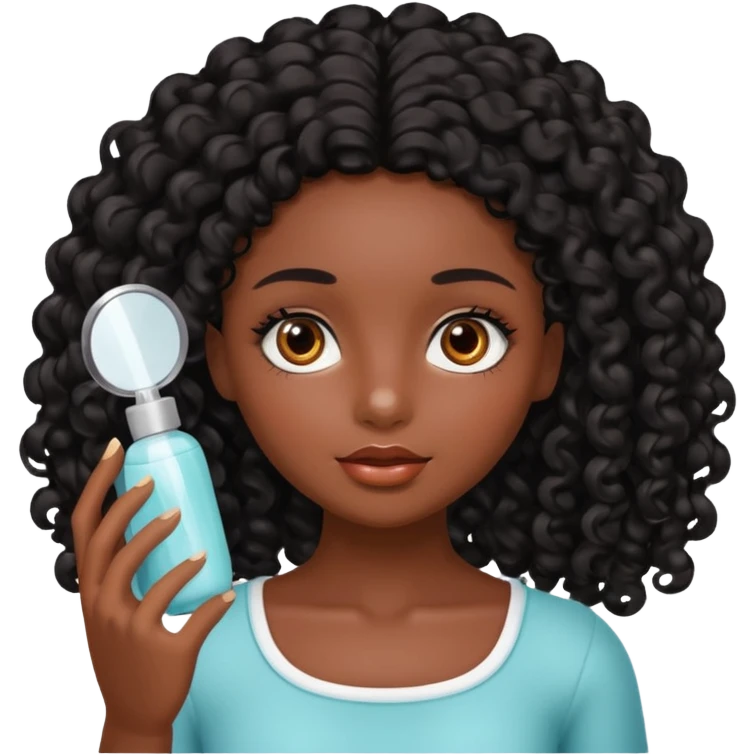 Uma boneca morena escura com olhos castanhos e cabelo cacheado longo preto, fazendo skin care emoji