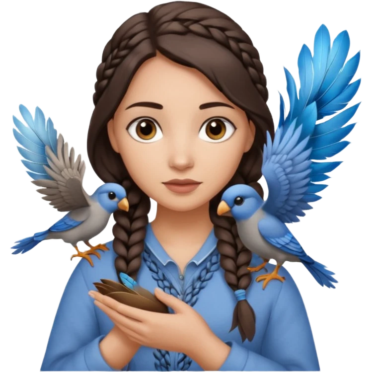 женщина с темно-коричневой косичкой набок и серо-голубыми глазами и светлой кожей держит на руке трех птиц коричневого и серого цвета emoji