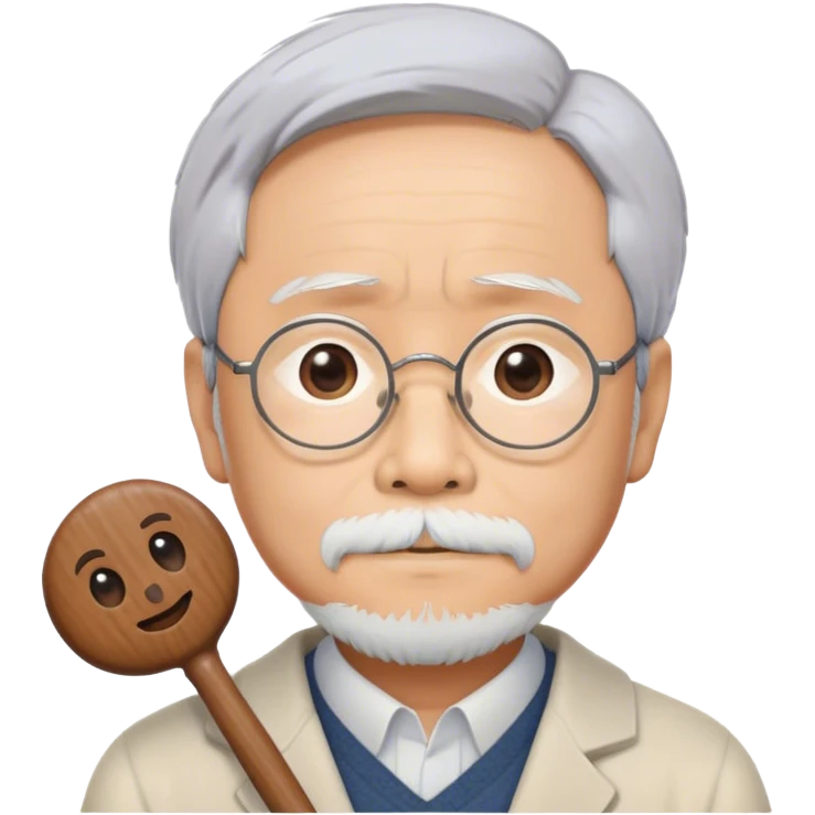 Cinematic Realistic Hayao Miyazaki Portrait Emoji, depicted as a visionary filmmaker with a gentle imaginative expression and artistic flair, rendered with delicate textures and soft enchanting lighting that captures his legendary storytelling. emoji