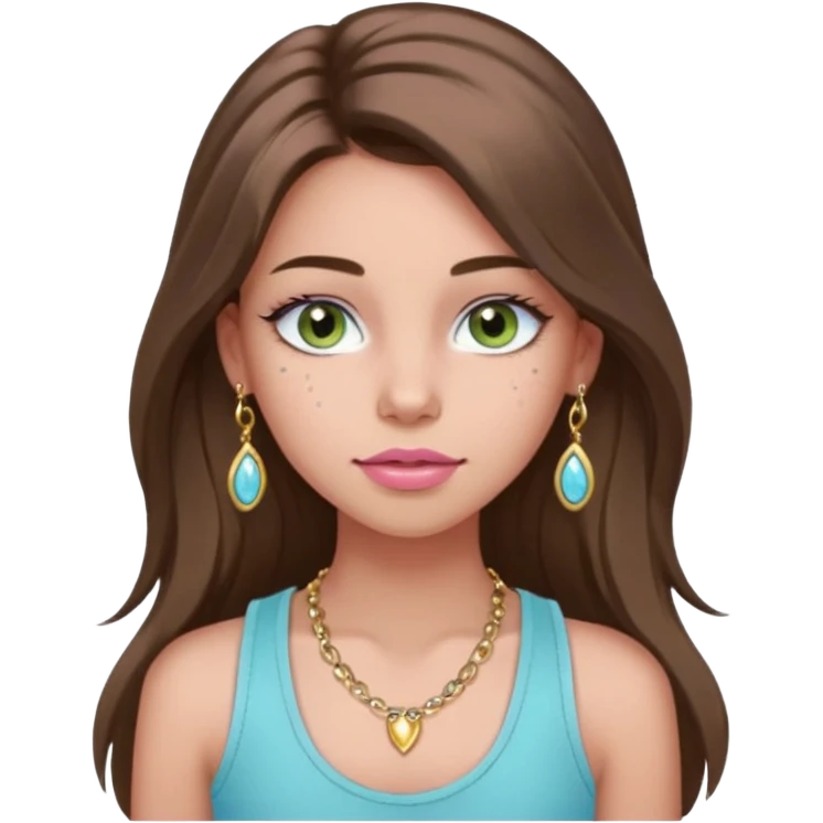 Create a teen girl wearing a light blue tank top. She will have long brunette hair, tan skin, pink lips, and grey-green eyes. She has long eyelashes. She also has light freckles and is wearing tiny gold jewelry emoji