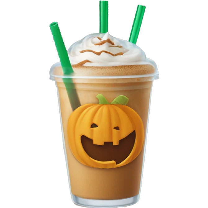iced pumpkin spice latte in a clear cup with a green straw and a pumpkin topper and logo emoji