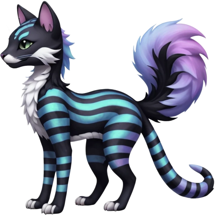 Kawaii black pastel iridescent beautiful pretty elegant divine edgy fantasy feline-vernid-sergal-fursona animal creature with a tufted tail full body with intricate markings  emoji