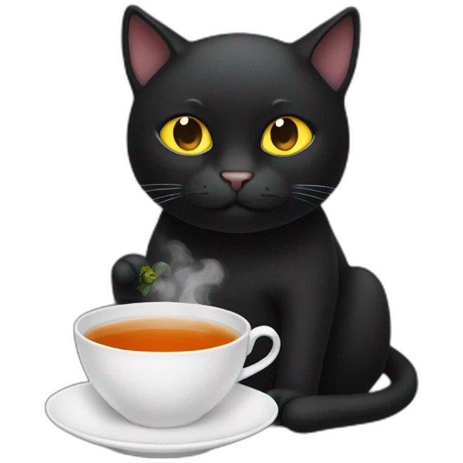 a sick black cat with tea in hand emoji