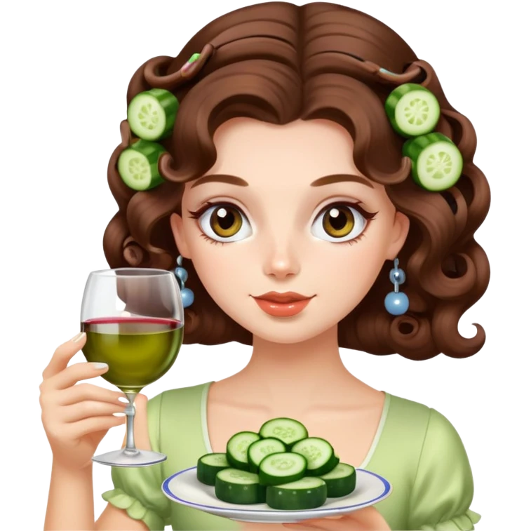 Beautiful girl with long brown hair with curlers in hair and cucumber on eyes, sipping wine from teacup emoji