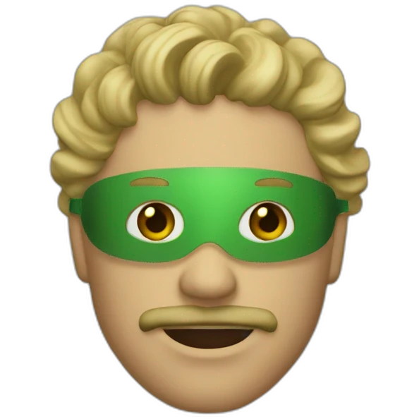 A man with a goatee wearing a green wooden mask with medium length blonde curly hair emoji