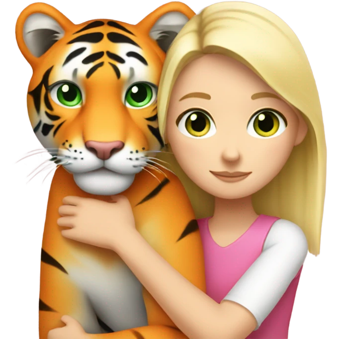 A blonde white girl with green eyes in pink hugs an orange tiger emoji