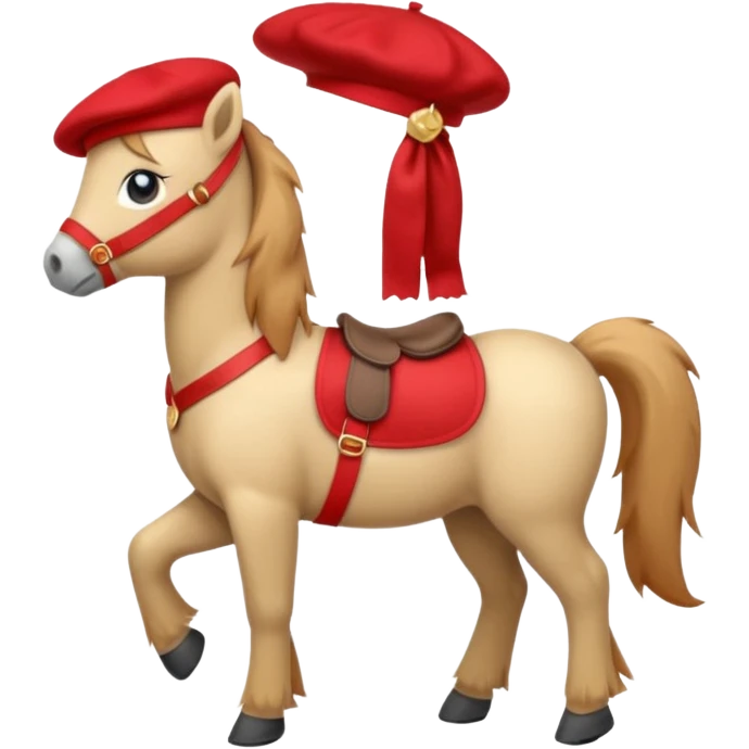 A cute pony (horse) emoji, full body, standing in side view, wearing a stylish red beret. emoji
