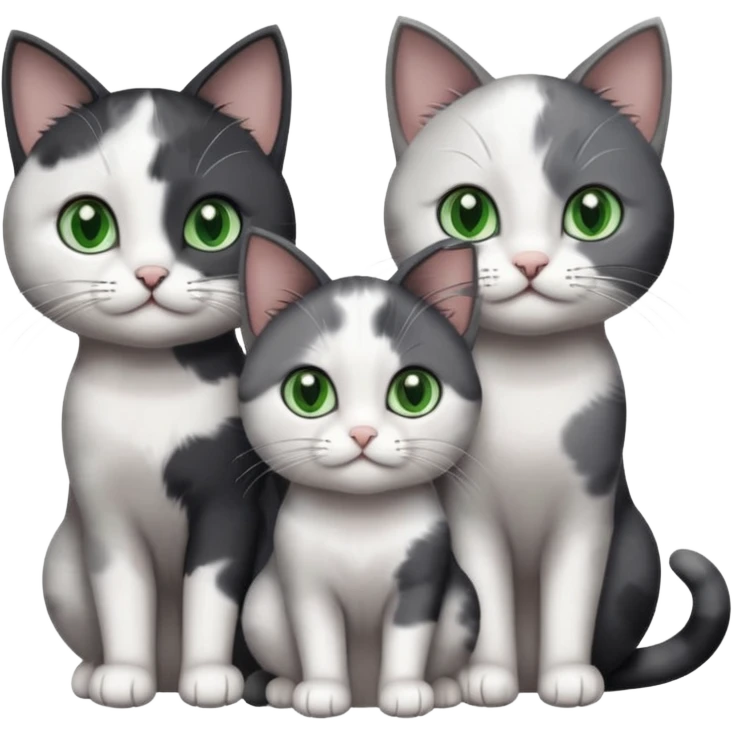 3 different coloured small cats including a dark grey and white, and a patchy calico and a completely solid dark grey with green eyes and only white paws emoji
