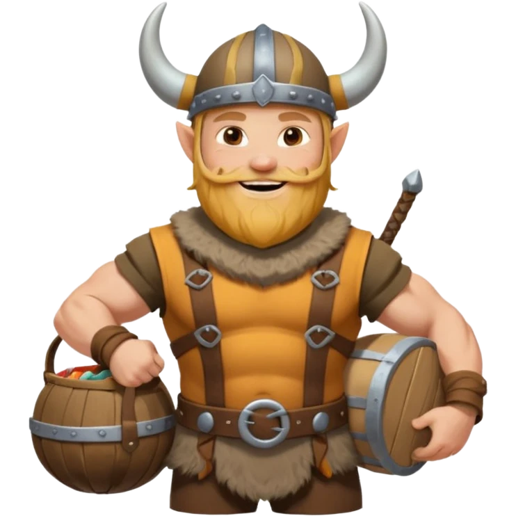 A jovial Viking with round belly, horned helmet, and hearty smile while carrying supplies.
 emoji