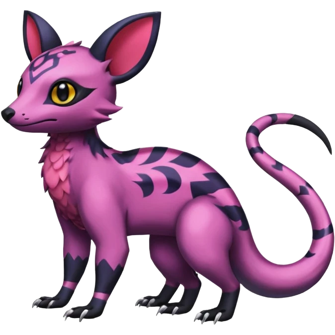 Rare epic aesthetic colorful Salandit-Noibat-Eevee-Civet-species-Fakemon-hybrid-creature, with markings, full body emoji