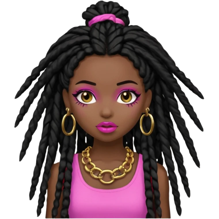 pretty bratz baddie, dark black skin, black dreads hair (black people hair) emoji