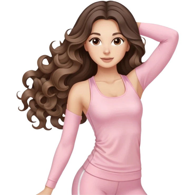 beautiful brunette with a light balayage white girl with nice defined and long curls , very long hair, clean girl makeup STRETCHING IN LIGHT PINK GYM emoji