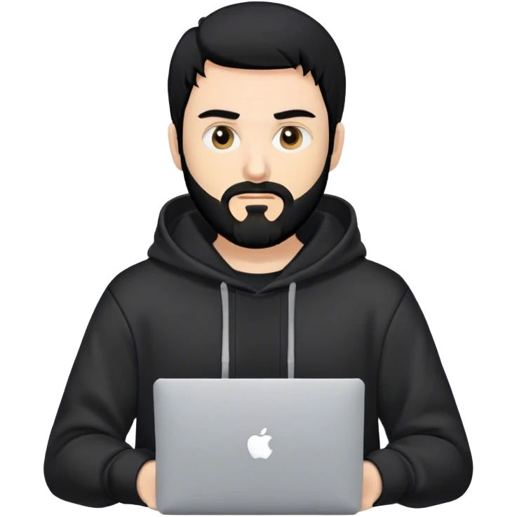 hackeur blanc cheveux noir barbe et capuche noir avec un macbook emoji
