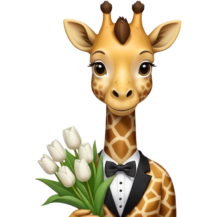 Giraffe with a bow tie with a bouquet of white tulips  emoji