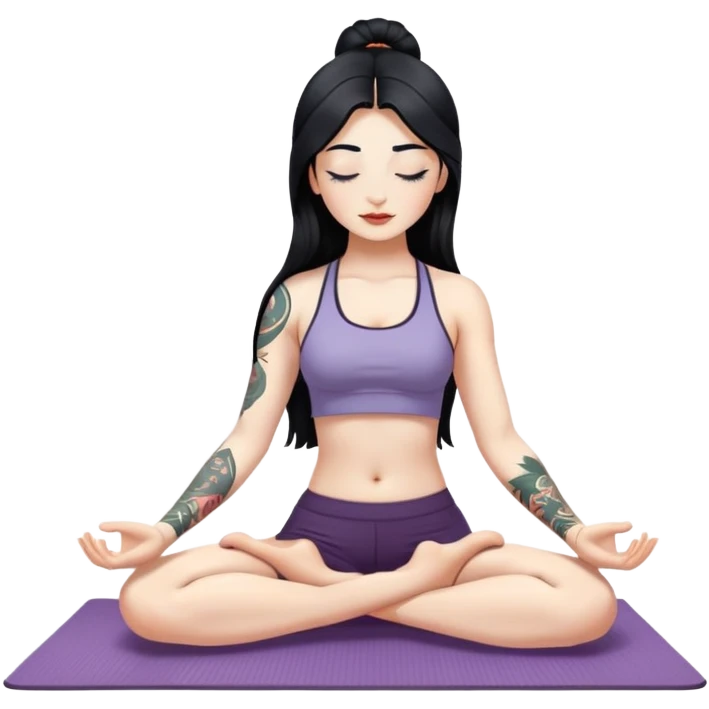 Yoga girl on a mat with white skin, long black hair and eyes closed, with just left arm tattooed emoji