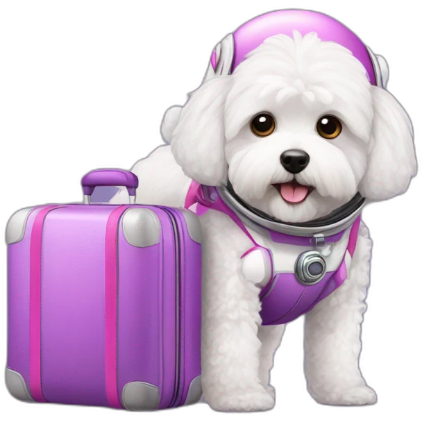a white maltipoo as purple astronaut with a pink luggage emoji