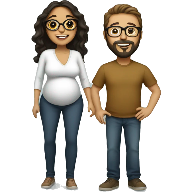 pregnancy announcement, latina woman with glasses, white male with glasses and beard  emoji