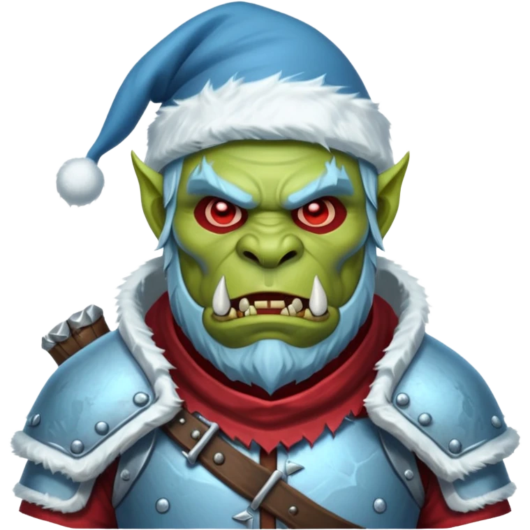 
Fantasy Christmas orc legion soldier icon, iron tundra army theme, heavy winter armor, disciplined brutal look, icy blue steel armor with deep crimson accents, frozen metal texture, cold winter atmosphere, male variant emoji