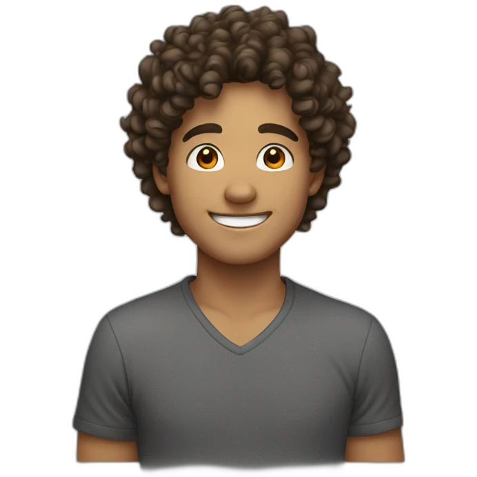 Young man with brun curly hair smiling emoji